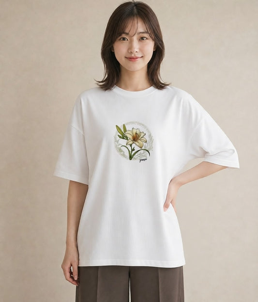 プリントTシャツ レディース ゆり 百合 花 花柄 イラスト 韓国風 女性向けギフト 散歩 白T