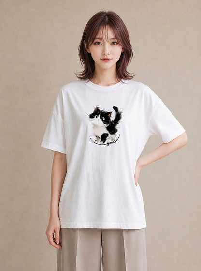 デザインTシャツ レディース ハチワレ 白黒猫 猫 ねこ イラスト 抜け感 デイリーウェア 休日 白T