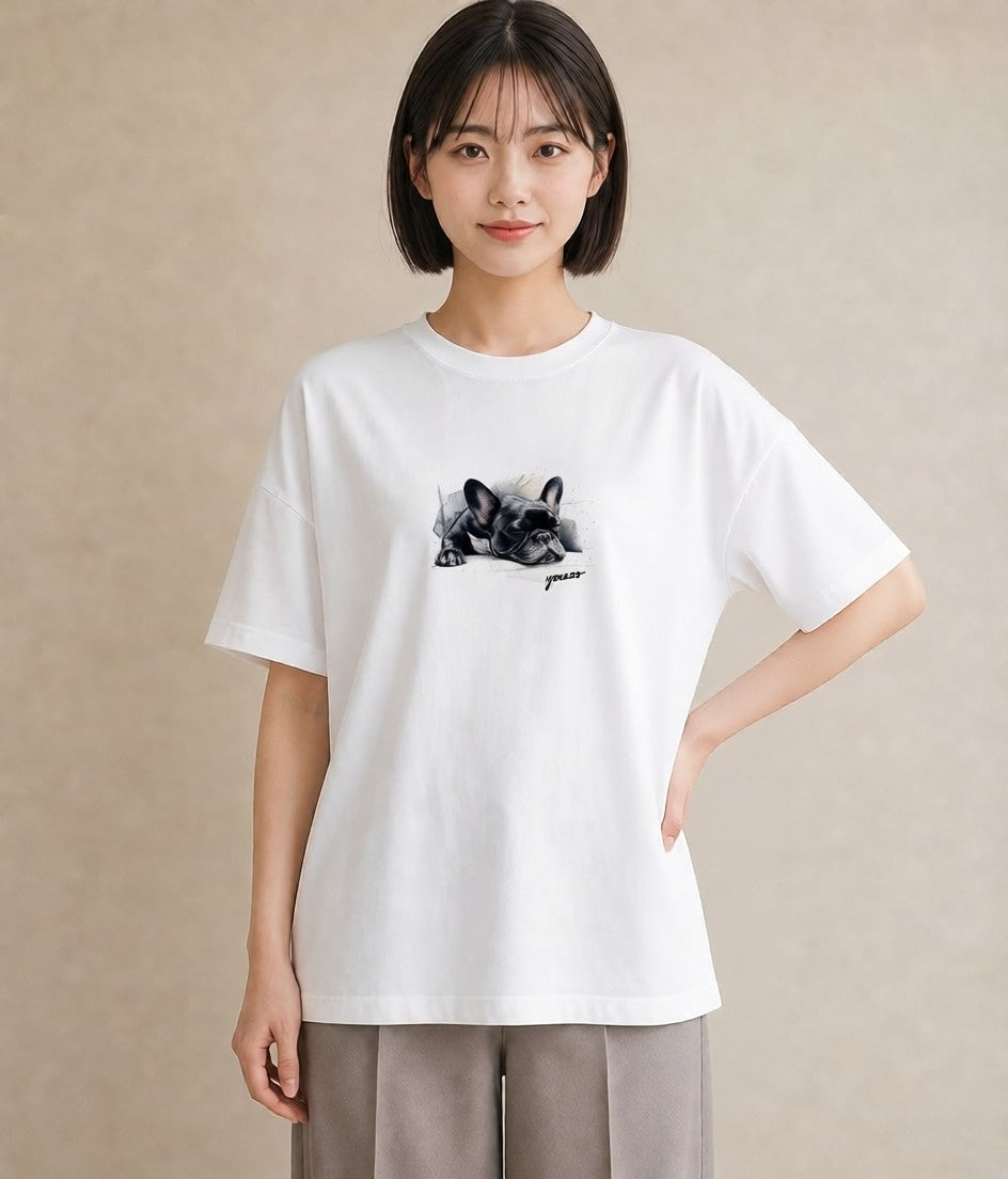 グラフィックTシャツ レディース フレンチブルドッグ フレブル 犬 いぬ イラスト 個性的 誕生日プレゼント 綿100 白T