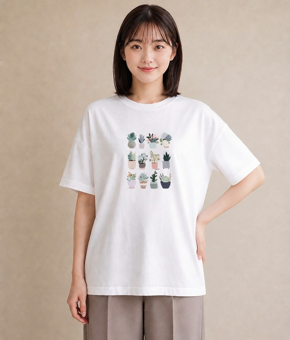 Tシャツ レディース 多肉植物 植物 ボタニカル イラスト きれいめカジュアル 自分用 ルームウェア 白T