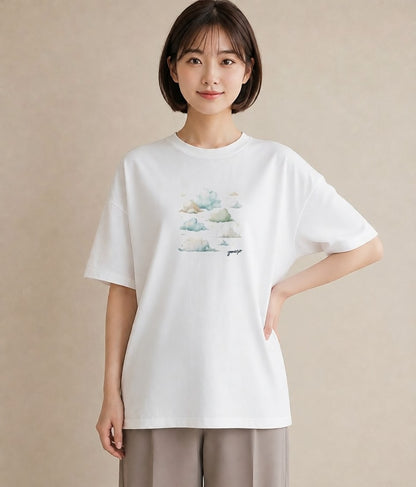 半袖Tシャツ レディース 空 星空 宇宙 イラスト こなれ感 ミセス 春コーデ 白T