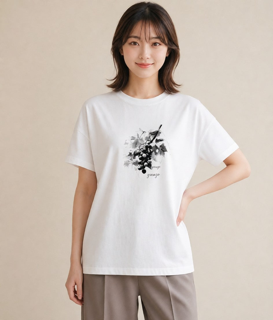 Tシャツ レディース ぶどう 葡萄 食べ物 フード イラスト ゆるコーデ ギフト 母の日 白T