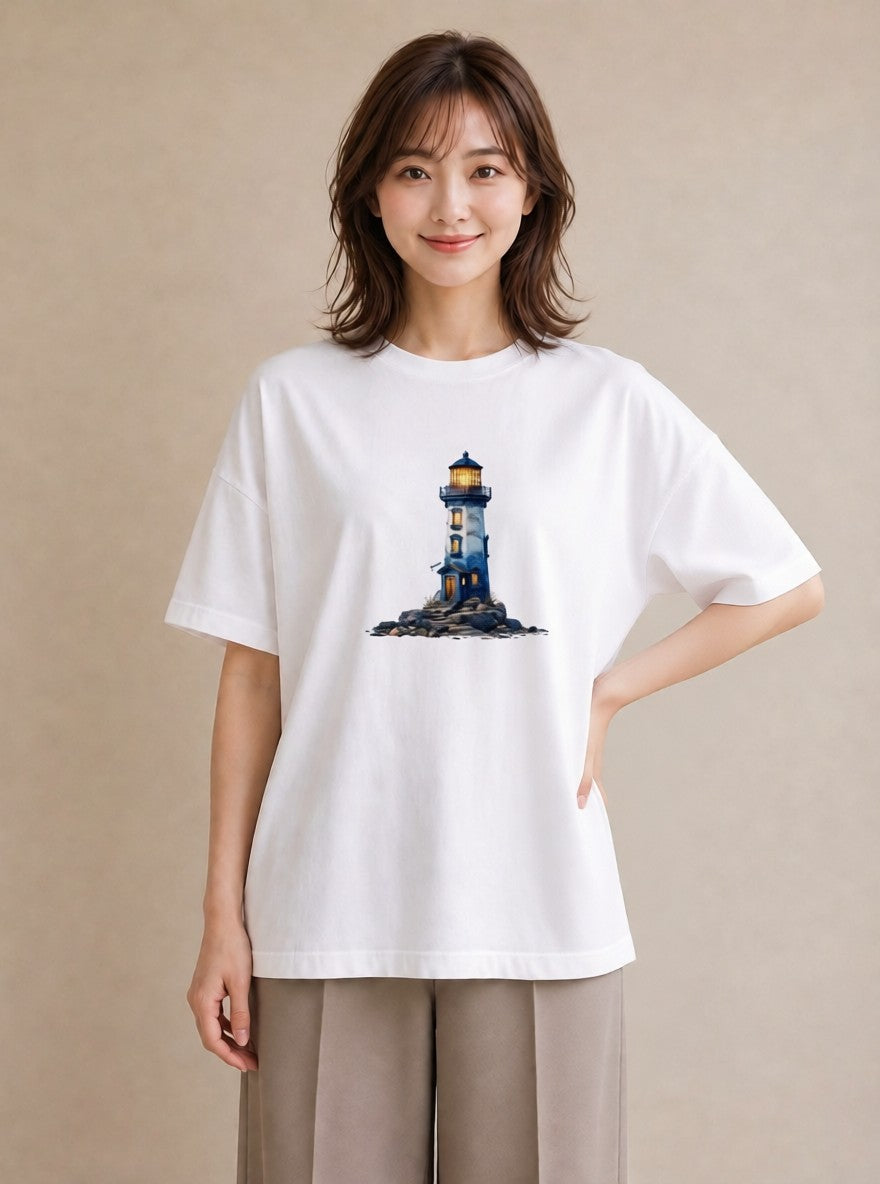 Tシャツ レディース 灯台 霧 海 ナチュラル アンティーク イラスト きれいめ カフェ巡り 女子会 白T