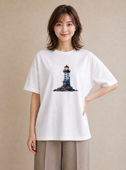 Tシャツ レディース 灯台 霧 海 ナチュラル アンティーク イラスト きれいめ カフェ巡り 女子会 白T
