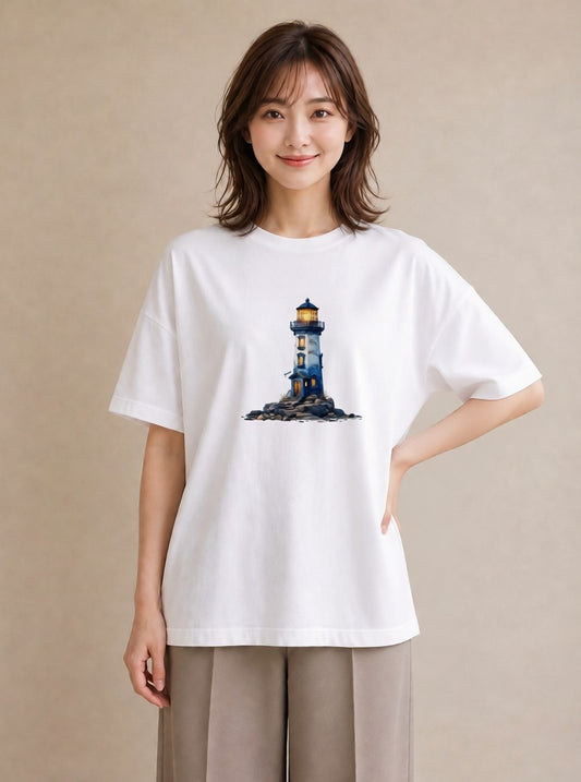 Tシャツ レディース 灯台 霧 海 ナチュラル アンティーク イラスト きれいめ カフェ巡り 女子会 白T
