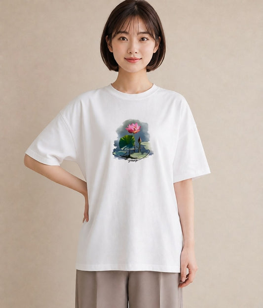 プリントTシャツ レディース 蓮 花 花柄 イラスト 線画 デイリーウェア 休日 白T
