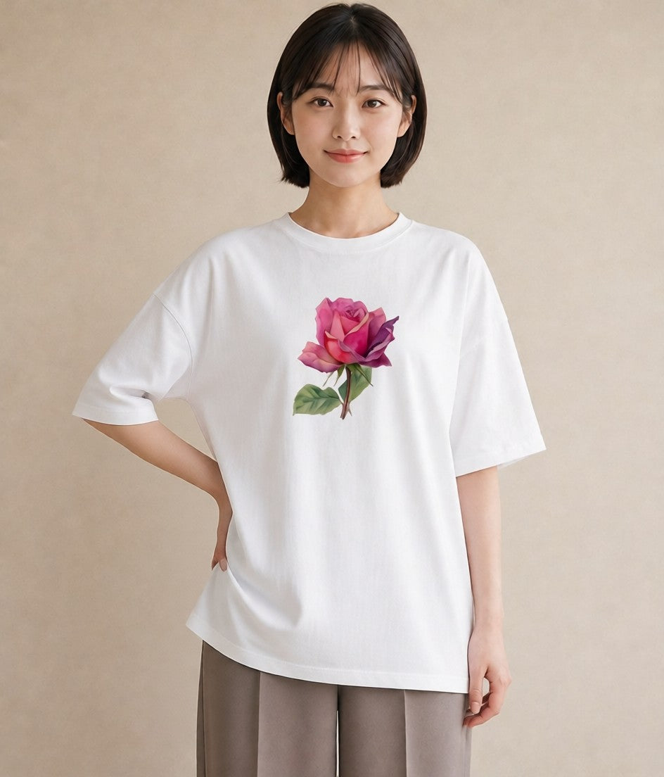 プリントTシャツ レディース バラ 薔薇 ローズ 花 花柄 イラスト カフェ服 クリスマス 白T