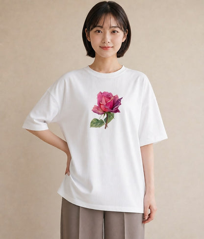 プリントTシャツ レディース バラ 薔薇 ローズ 花 花柄 イラスト カフェ服 クリスマス 白T