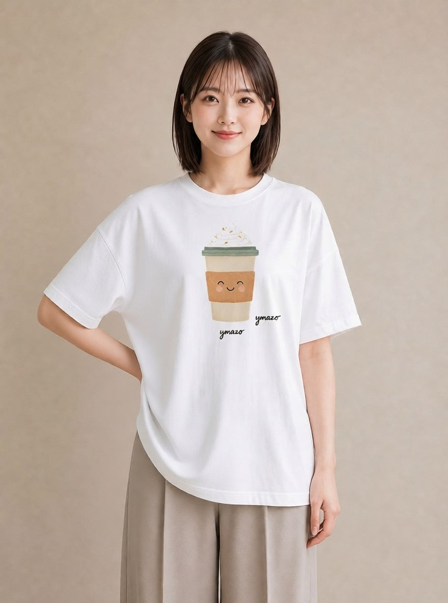 半袖Tシャツ レディース カフェラテ 食べ物 フード イラスト ニュアンス デート 帰省 白T