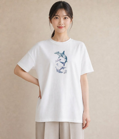 Tシャツ レディース サメ 海の生き物 海 イラスト きれいめ 母娘コーデ 自分用 白T