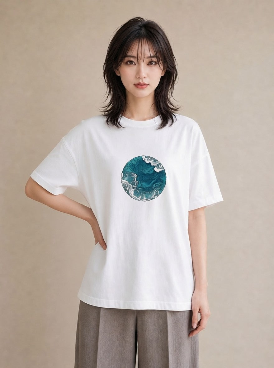 デザインTシャツ レディース 海 星空 宇宙 イラスト ラフカジュアル ママ カフェ服 白T