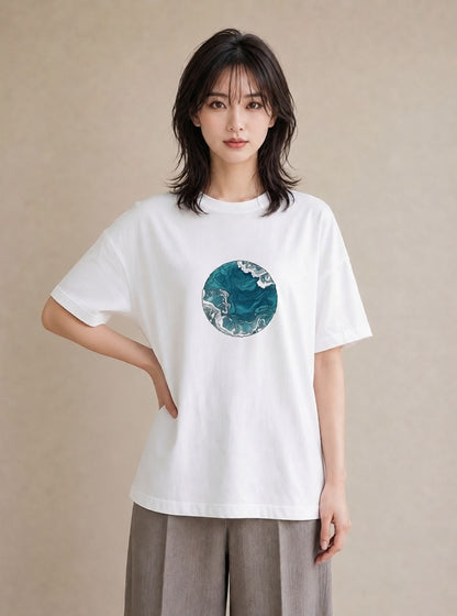 デザインTシャツ レディース 海 星空 宇宙 イラスト ラフカジュアル ママ カフェ服 白T