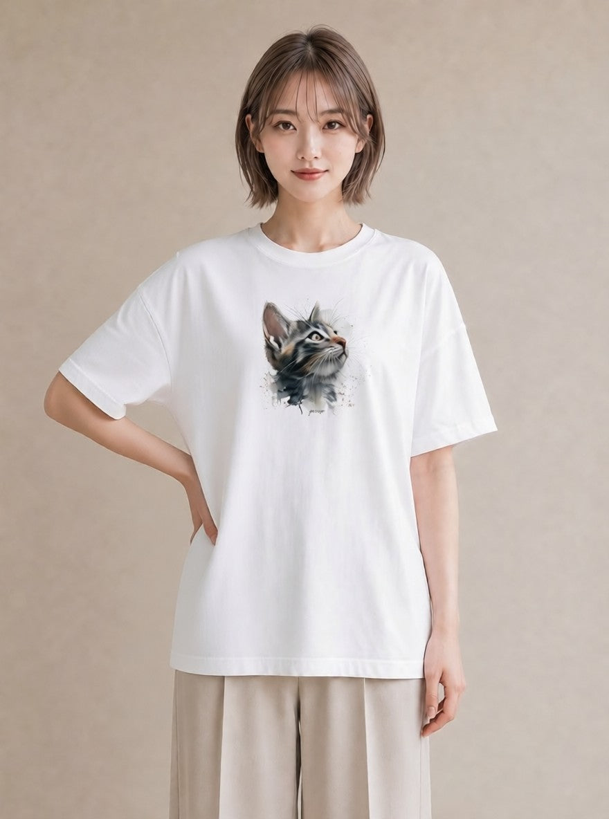 半袖Tシャツ レディース 猫 ねこ イラスト きれいめカジュアル 在宅 公園 白T