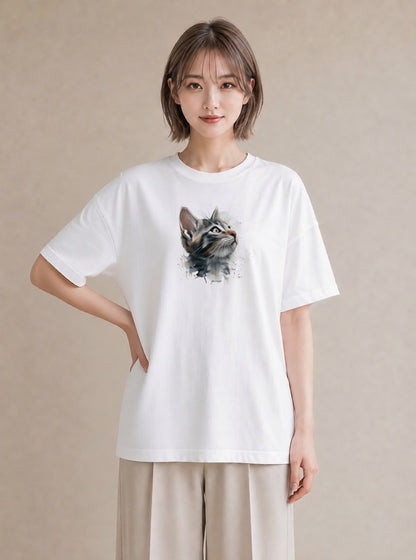 半袖Tシャツ レディース 猫 ねこ イラスト きれいめカジュアル 在宅 公園 白T