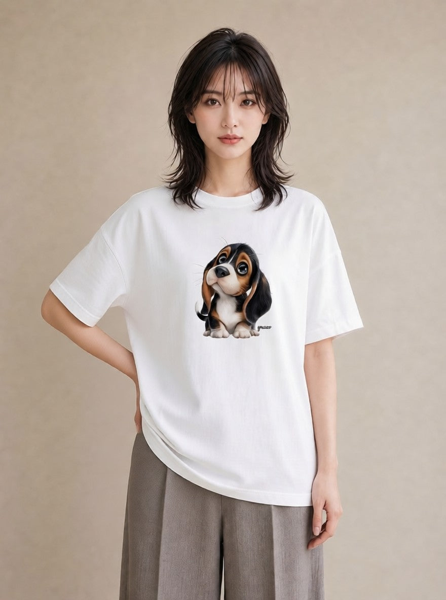 半袖Tシャツ レディース ビーグル 犬 いぬ イラスト 旅行コーデ 通勤 在宅 白T