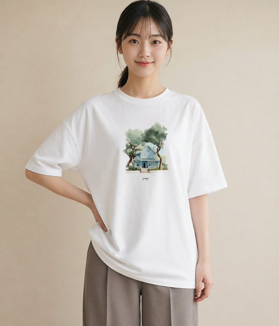 プリントTシャツ レディース 湖畔の小屋 湖 小屋 ナチュラル アンティーク イラスト アート風 ミセス 春コーデ 白T
