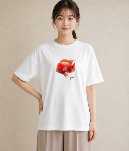 半袖Tシャツ レディース 出目金 ペット 動物 イラスト ユニーク 女性向けギフト 散歩 白T