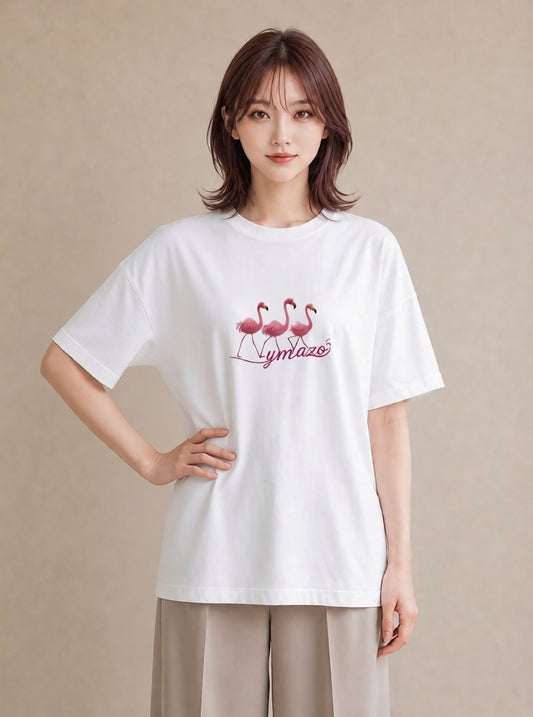 Tシャツ レディース フラミンゴ 動物 アニマル イラスト モード 通勤 在宅 白T