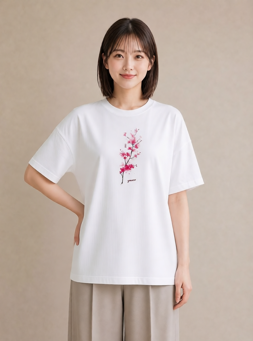 Tシャツ レディース 梅 花 花柄 イラスト レトロ 春服 ミセス 白T