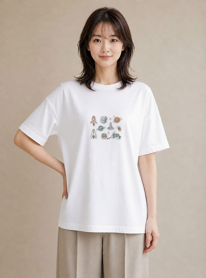Tシャツ レディース 宇宙 星空 イラスト アート風 通勤 在宅 白T