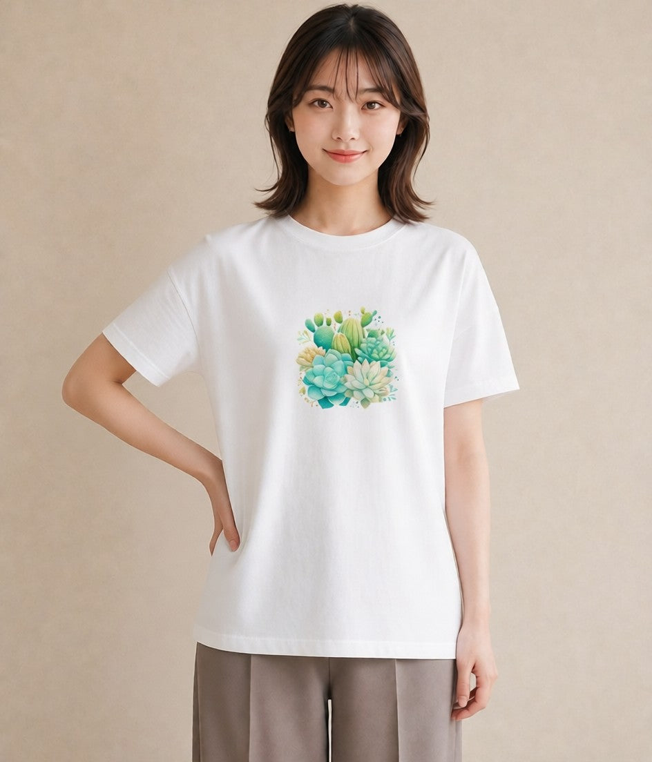 グラフィックTシャツ レディース サボテン 植物 ボタニカル イラスト ゆるかわ ビーチ デイリーウェア 白T