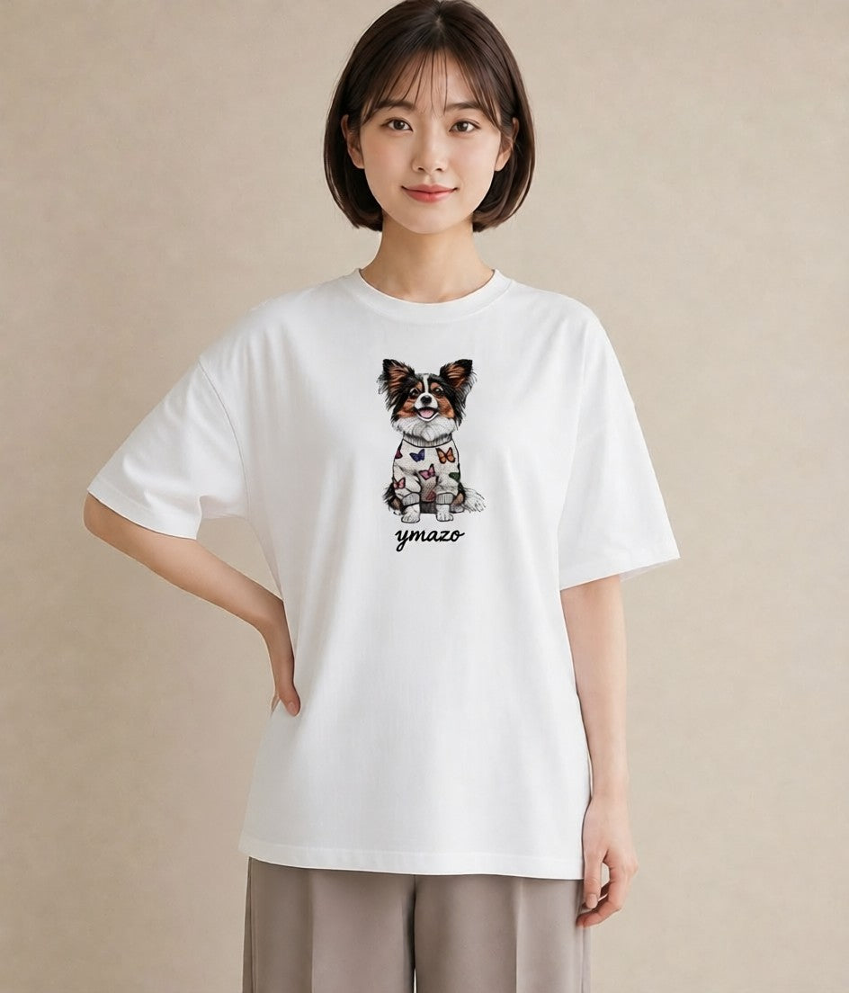 グラフィックTシャツ レディース パピヨン 犬 いぬ イラスト 北欧風 秋コーデ おしゃれギフト 白T