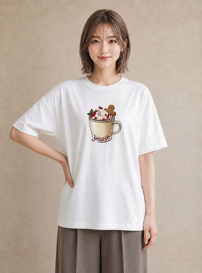 半袖Tシャツ レディース ココア 食べ物 フード イラスト レトロ 夏コーデ 通学 白T