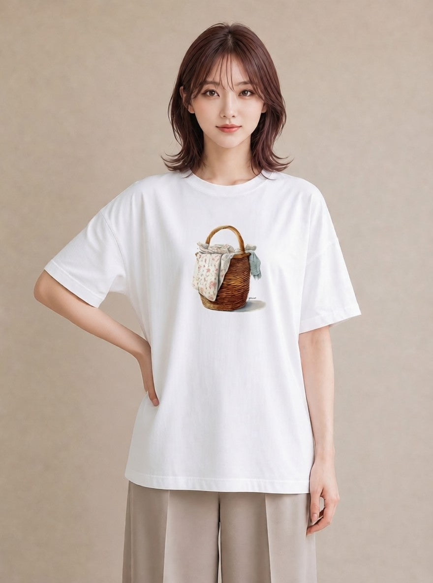 Tシャツ レディース 自転車のかご 自転車 花かご ナチュラル アンティーク イラスト 水彩風 春服 ミセス 白T