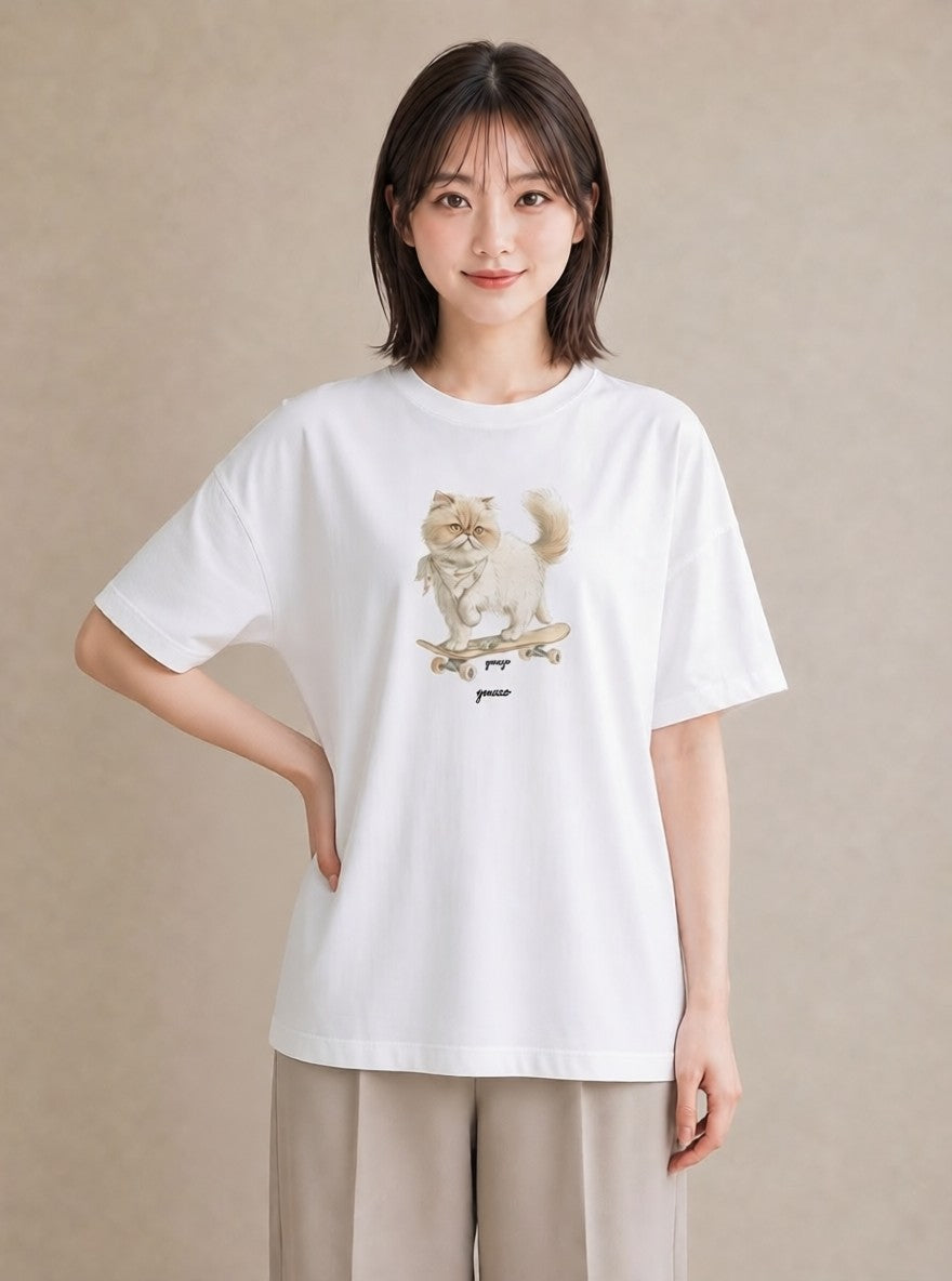 デザインTシャツ レディース エキゾチックショートヘア 猫 ねこ イラスト シンプル 通勤 在宅 白T