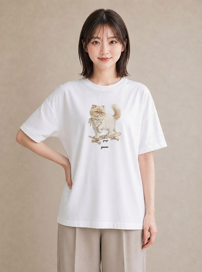 デザインTシャツ レディース エキゾチックショートヘア 猫 ねこ イラスト シンプル 通勤 在宅 白T
