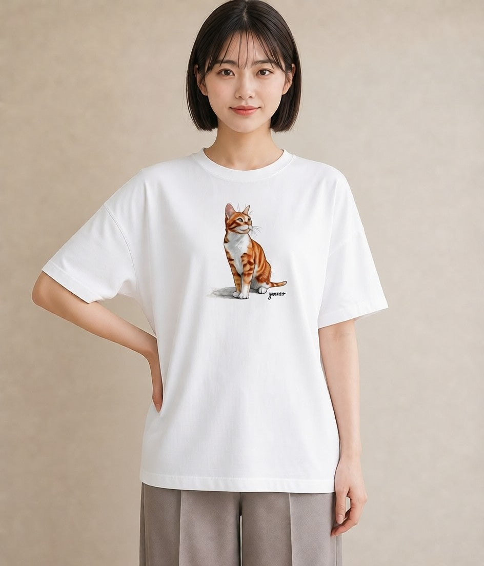 プリントTシャツ レディース おすわり猫 猫 ねこ イラスト モード 送別ギフト 通勤 白T