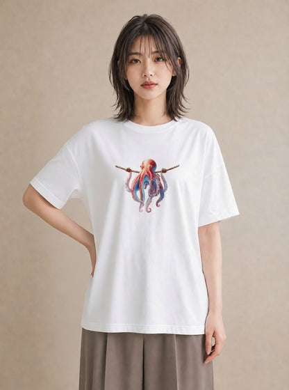 デザインTシャツ レディース イカ 海の生き物 海 イラスト ナチュラル 自分用 ルームウェア 白T