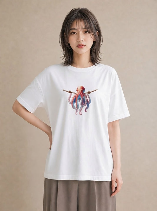 デザインTシャツ レディース イカ 海の生き物 海 イラスト ナチュラル 自分用 ルームウェア 白T