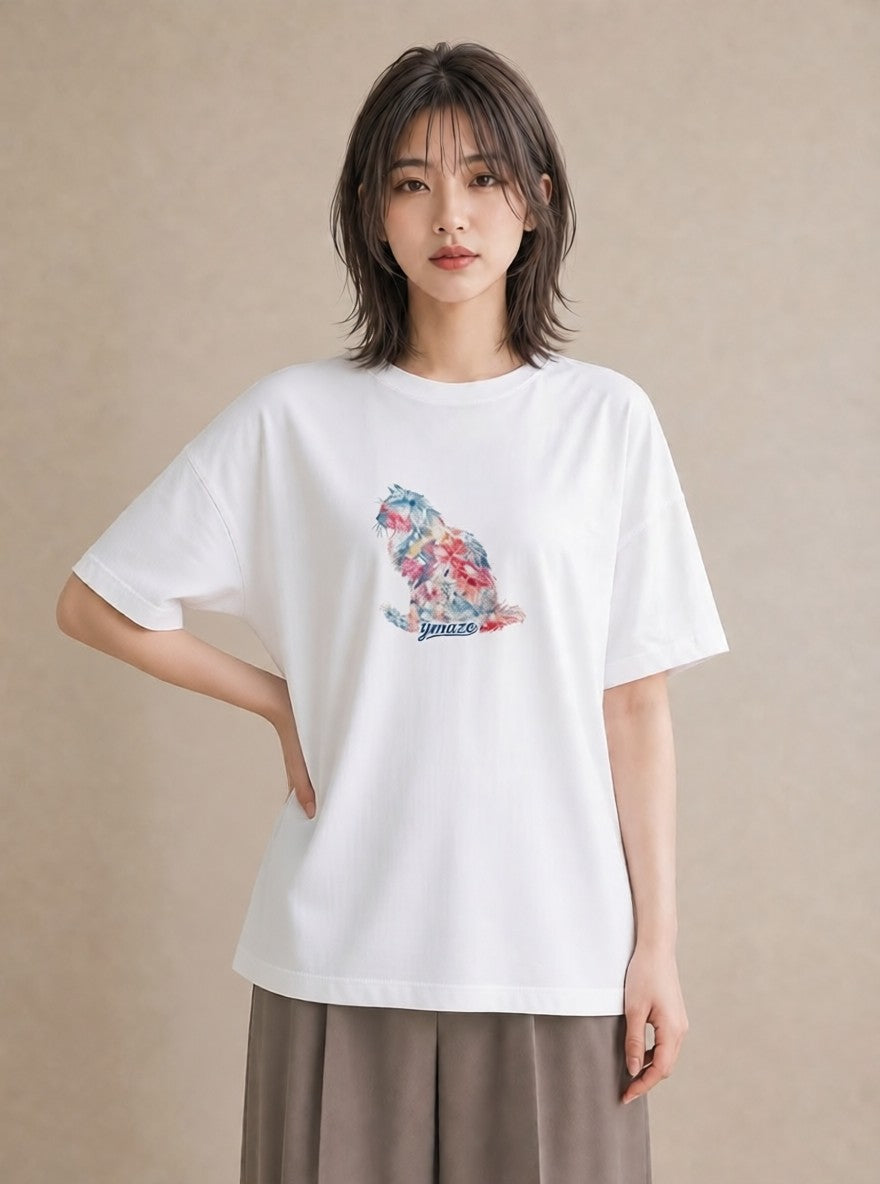 プリントTシャツ レディース シャム柄 猫 ねこ イラスト こなれ感 通勤 在宅 白T
