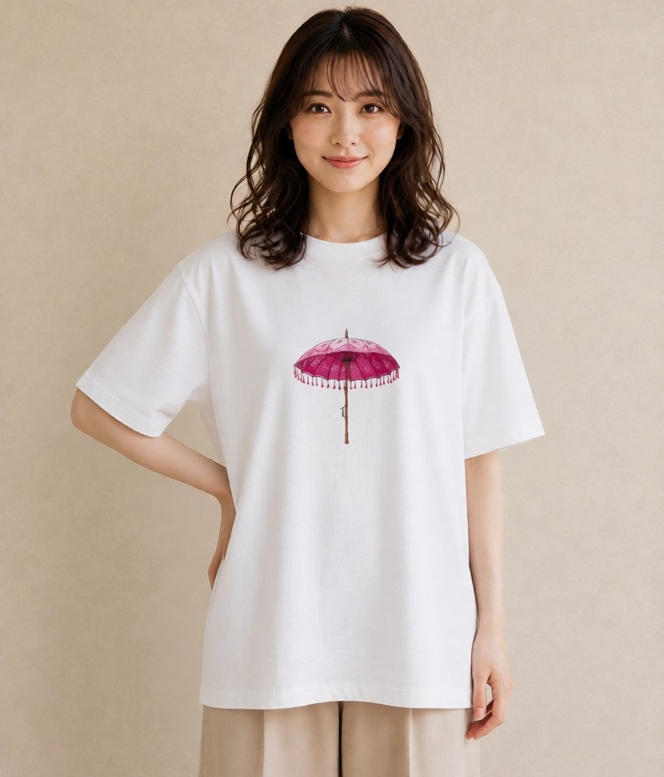 半袖Tシャツ レディース 傘 水たまり 雨 ナチュラル アンティーク イラスト レトロ 休日 ペアコーデ 白T