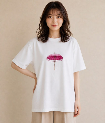 半袖Tシャツ レディース 傘 水たまり 雨 ナチュラル アンティーク イラスト レトロ 休日 ペアコーデ 白T