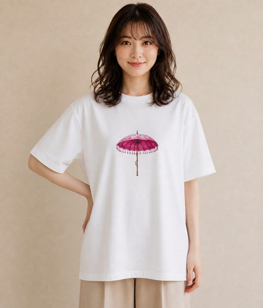 半袖Tシャツ レディース 傘 水たまり 雨 ナチュラル アンティーク イラスト レトロ 休日 ペアコーデ 白T