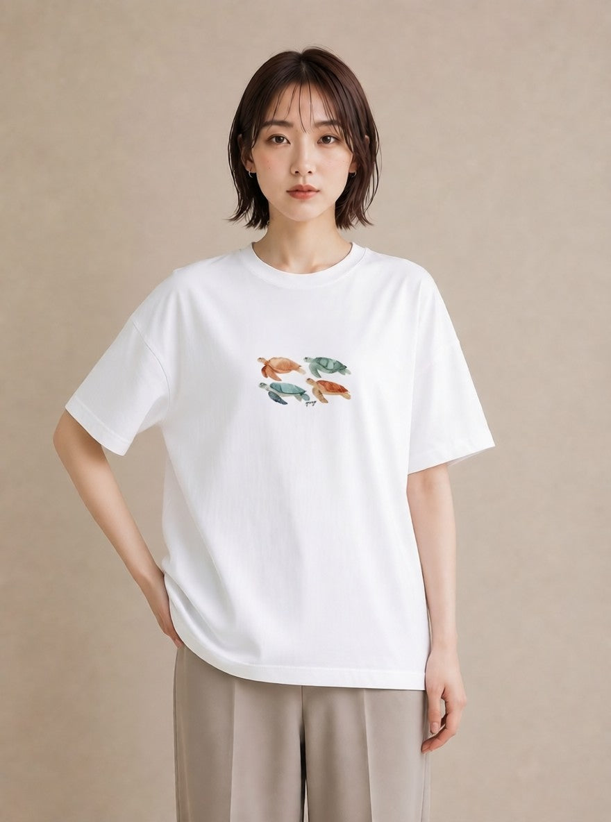 半袖Tシャツ レディース カメ ペット 動物 イラスト 個性的 普段着 週末コーデ 白T