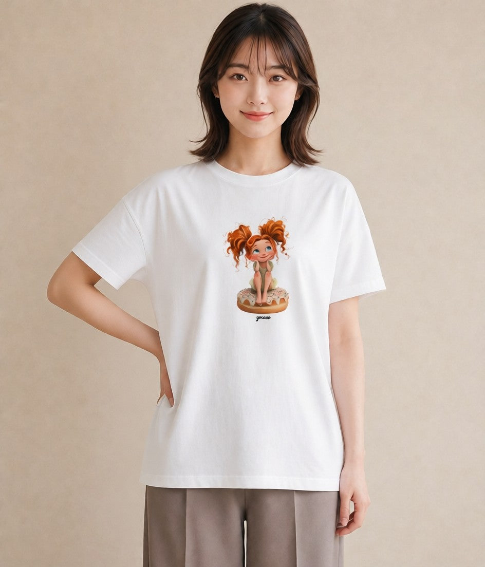 グラフィックTシャツ レディース ドーナツ 食べ物 フード イラスト フェミニン ビーチ デイリーウェア 白T