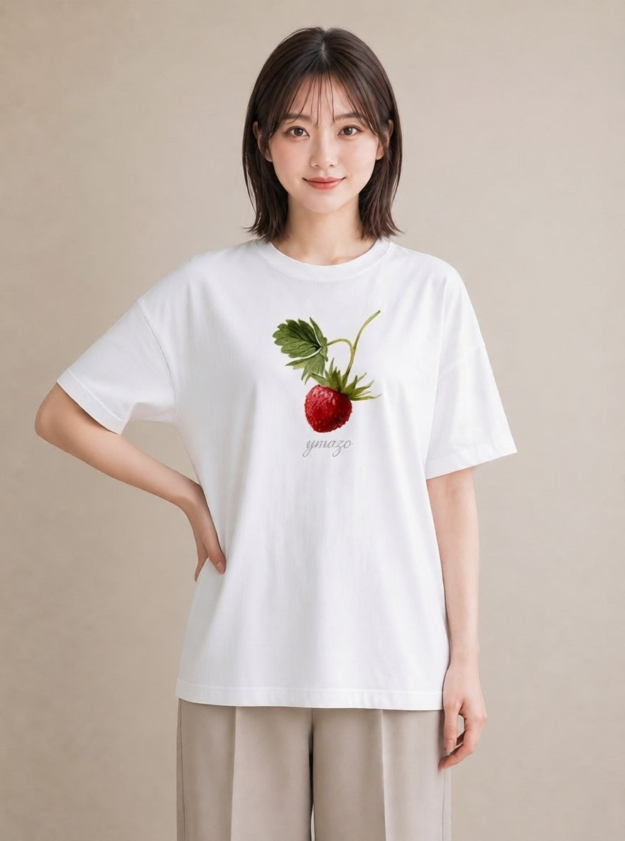 半袖Tシャツ レディース いちご 苺 ストロベリー 食べ物 フード イラスト 韓国風 春服 ミセス 白T
