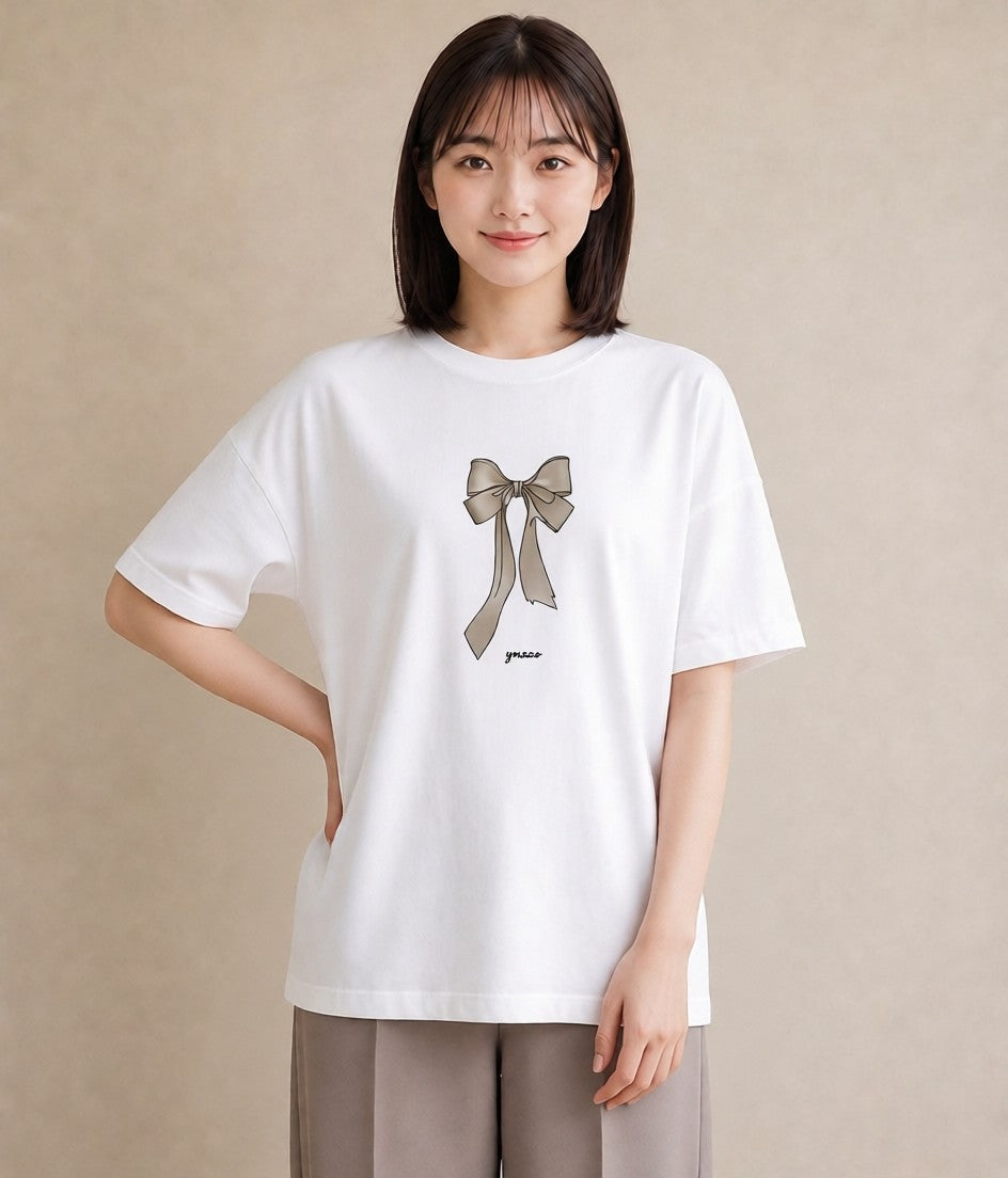 プリントTシャツ レディース リボン ボウ りぼん イラスト モード ホワイトデー 春服 白T