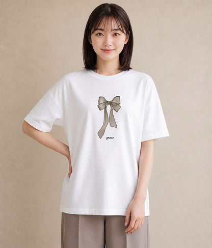 プリントTシャツ レディース リボン ボウ りぼん イラスト モード ホワイトデー 春服 白T