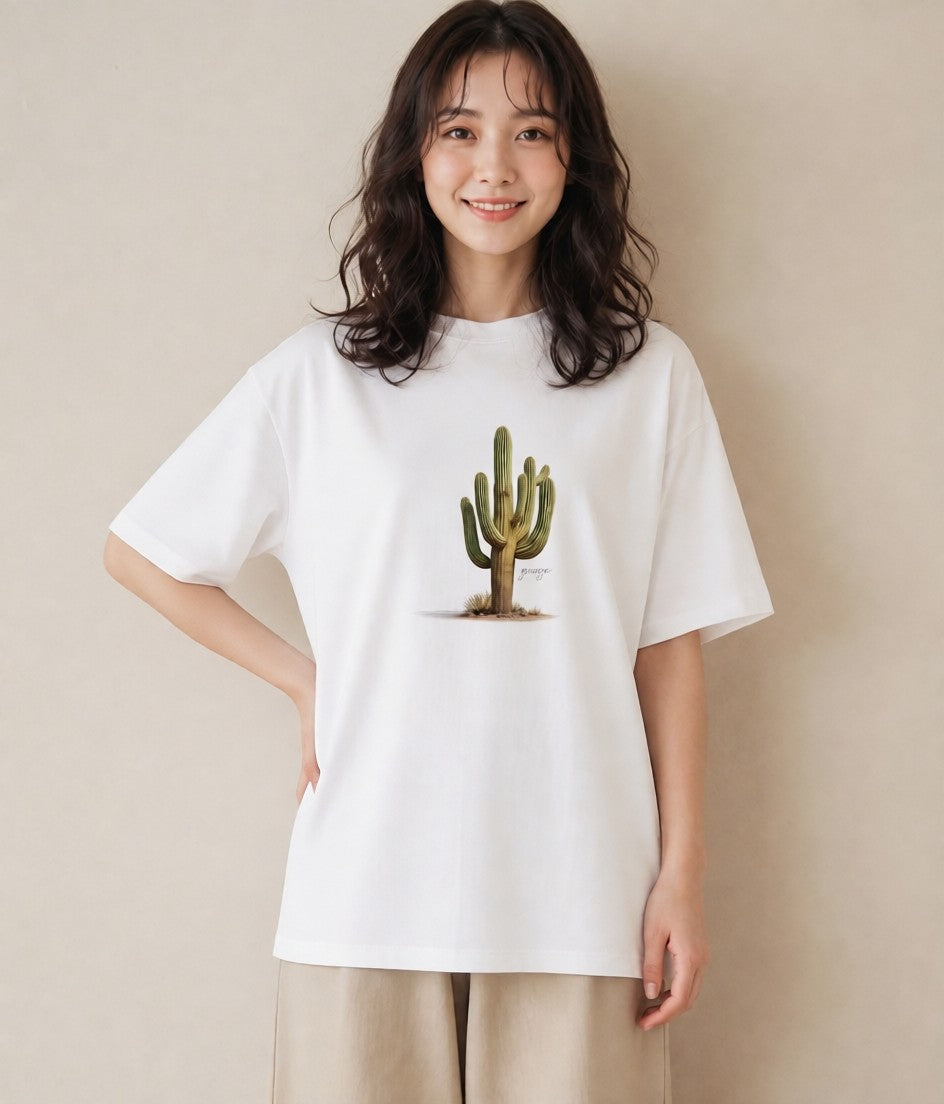 デザインTシャツ レディース サボテン 植物 ボタニカル イラスト フェミニン 買い物 夏コーデ 白T