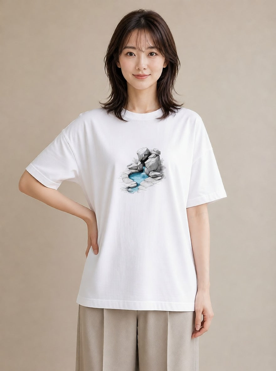 グラフィックTシャツ レディース 小川 橋 せせらぎ ナチュラル アンティーク イラスト カジュアルコーデ 買い物 白T