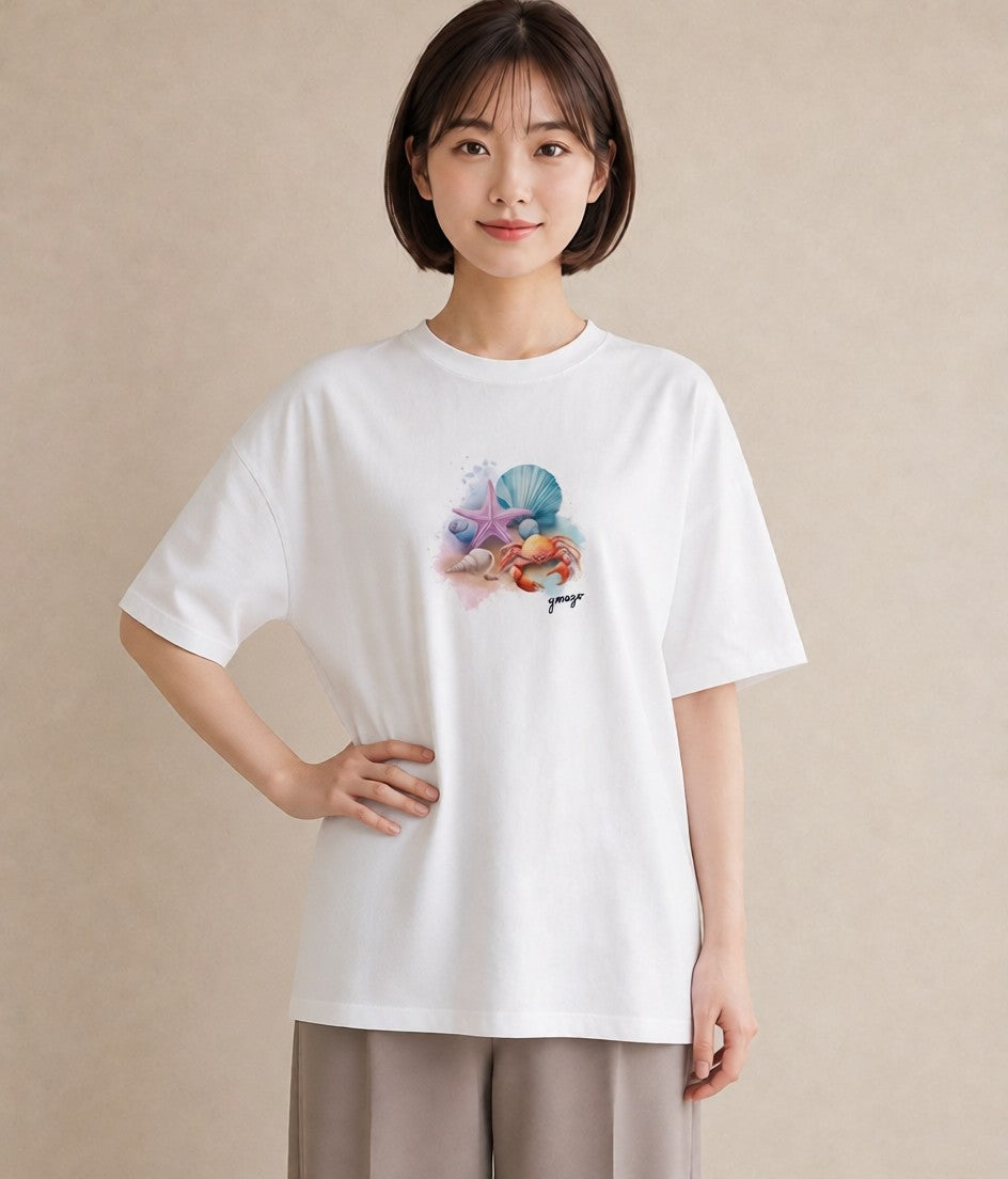 半袖Tシャツ レディース カニ 海の生き物 海 イラスト ユニーク 親子 20代 白T
