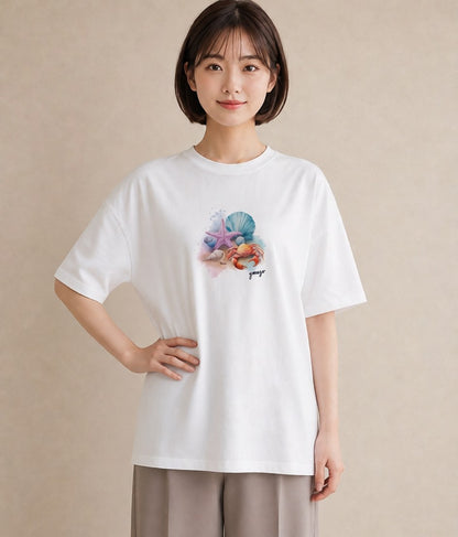 半袖Tシャツ レディース カニ 海の生き物 海 イラスト ユニーク 親子 20代 白T