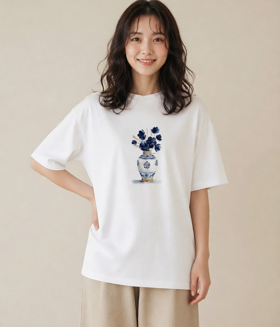 半袖Tシャツ レディース 夕暮れ バルコニー 夕焼け ナチュラル アンティーク イラスト デイリーウェア 休日 白T