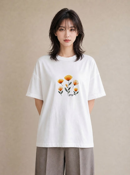 半袖Tシャツ レディース マーガレット 花 花柄 イラスト 淡色 送別ギフト 通勤 白T