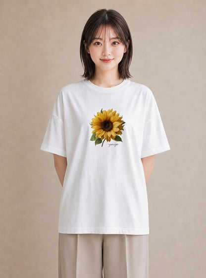Tシャツ レディース ひまわり 向日葵 花 花柄 イラスト ミニマル 買い物 夏コーデ 白T