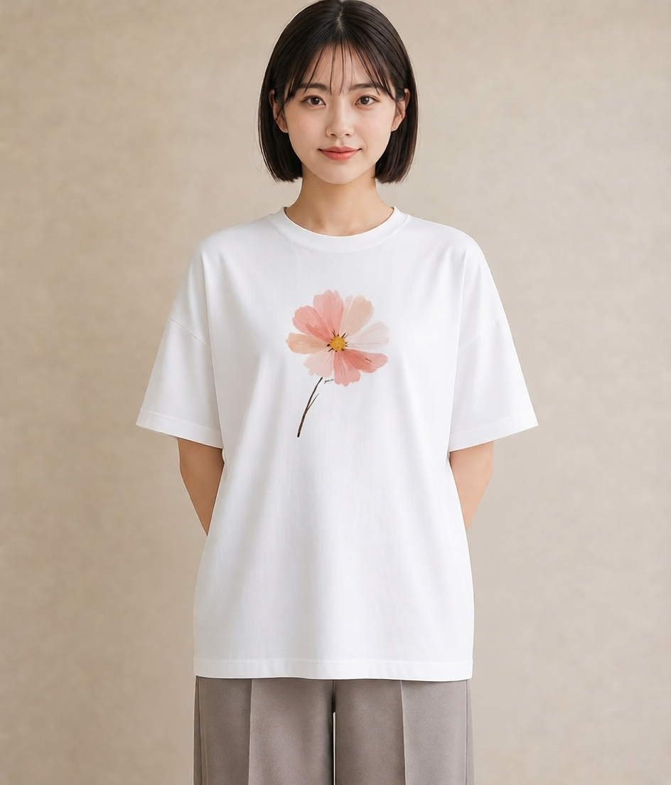 プリントTシャツ レディース ミモザ 花 花柄 イラスト ミニマル ペアコーデ 秋コーデ 白T